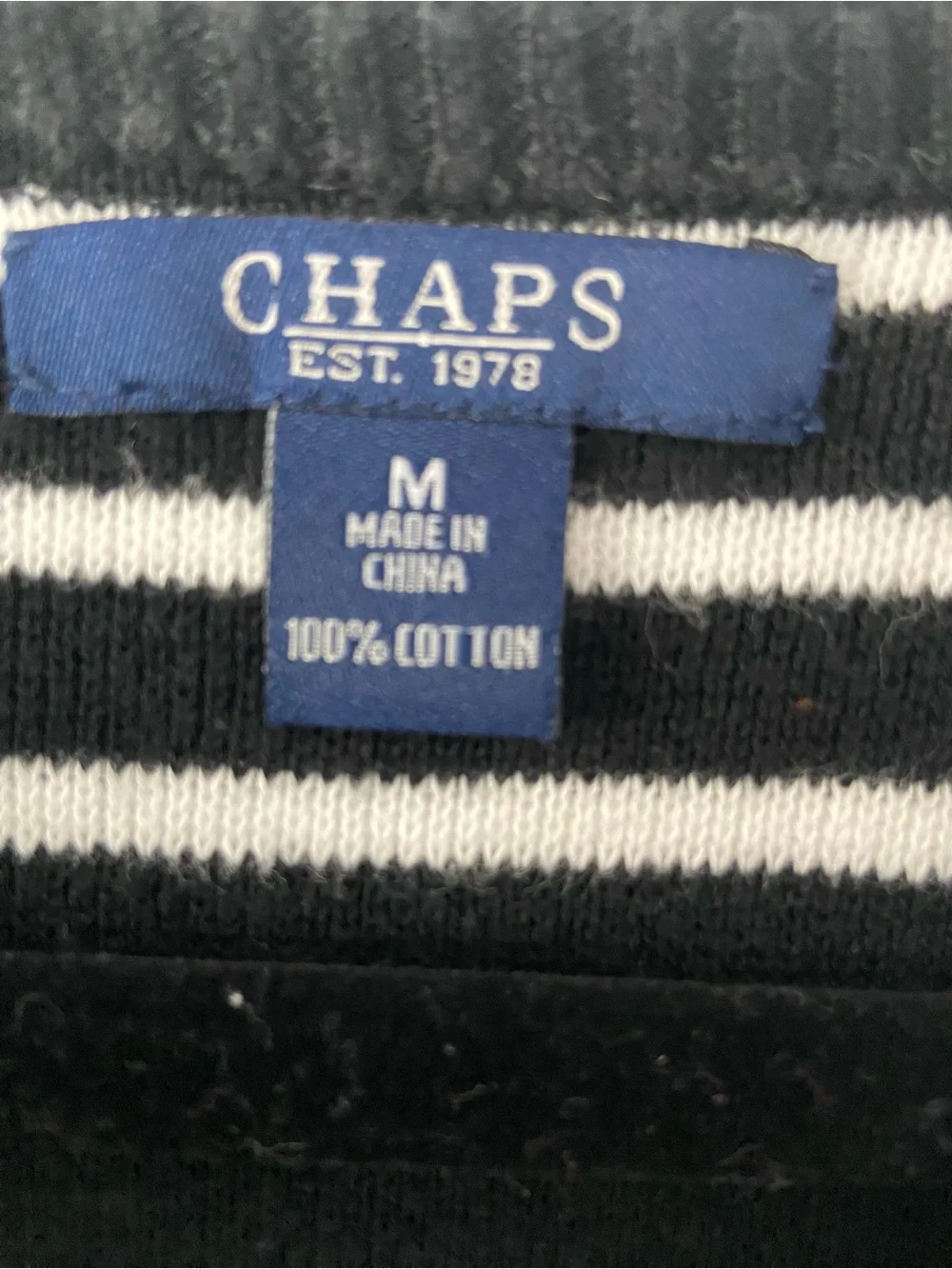 CHAPS Black White Striped Zip Front Cardigan Sweater Medium 100% Cotton